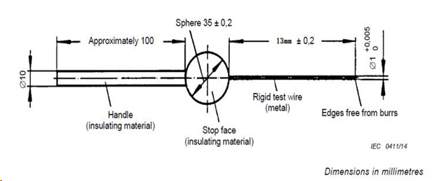 Suitable tool to simulate a straight metal object, 1mm in diameter, length up to 13 mm,IEC2368-Annex P 0