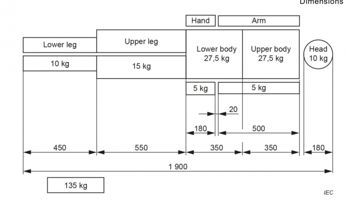 Human body mass distribution for a 135 kg patient and body part -figure AA.1 of IEC 60601-2-46 0